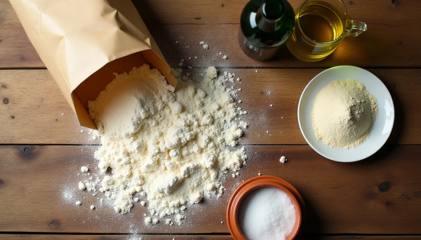 Ingrédients pour une pâte à pizza maison disposés sur une table en bois rustique : farine 00, levure fraîche émiettée, sel de mer et bouteille d'huile d'olive extra vierge