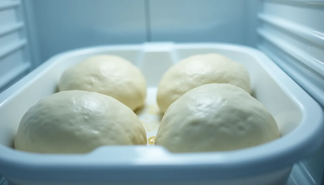Quatre pâtons de pâte à pizza maison en fermentation lente disposés dans un bac huilé au réfrigérateur, avec des bulles de fermentation visibles à la surface