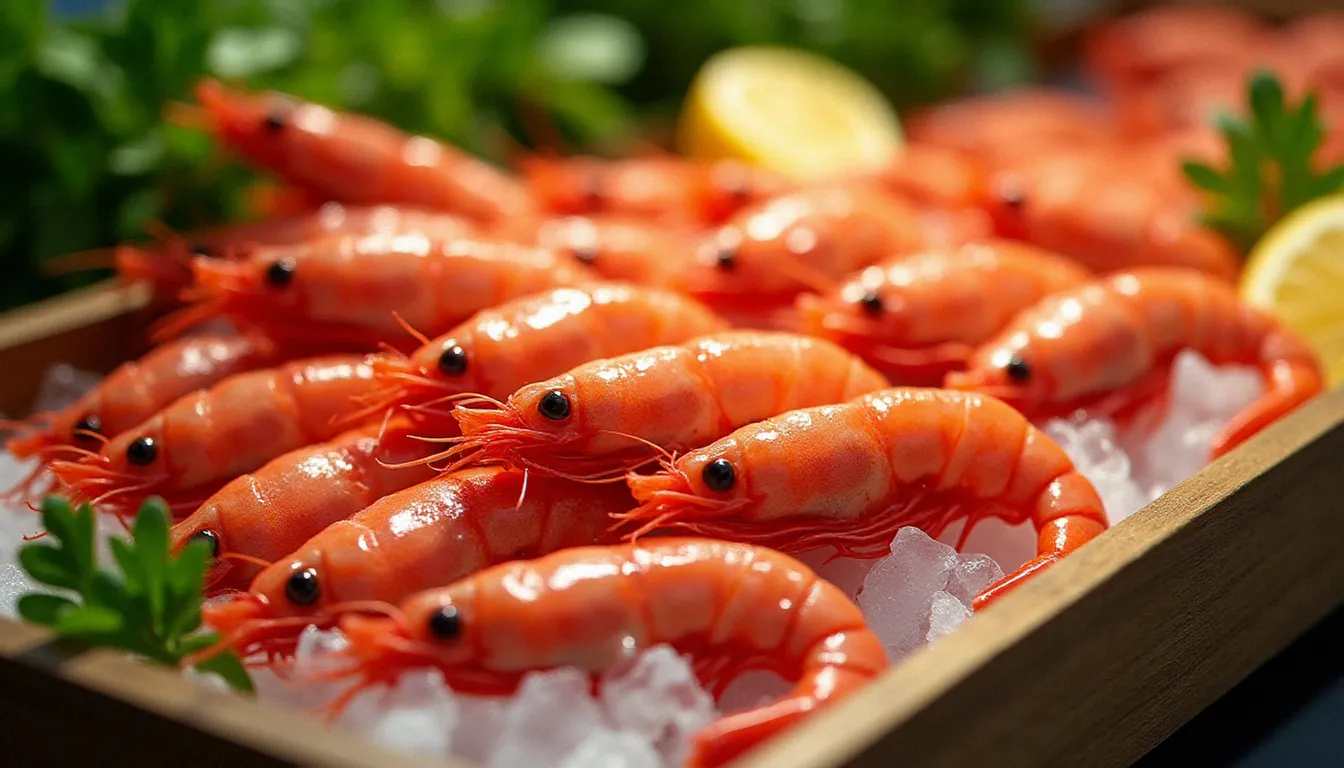 Étal de marché avec des crevettes rouges fraîches de Méditerranée disposées sur glace pilée, entières et brillantes, pour préparer des spaghetti aux crevettes