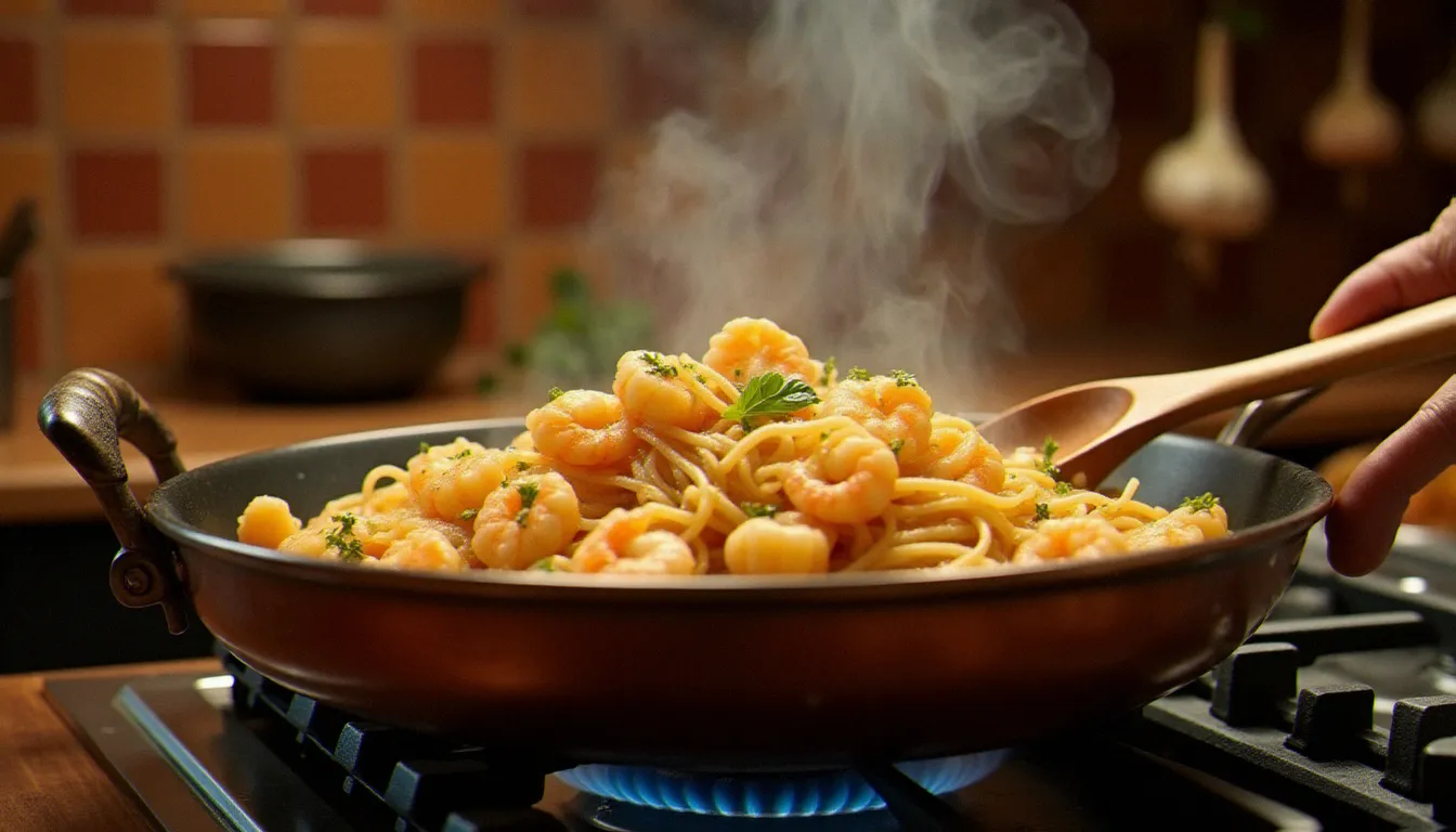 Cuisson des crevettes spaghetti dans une poêle en cuivre sur feu vif dans une cuisine italienne traditionnelle, avec ail, vin blanc et pâtes en train d'être mélangées à la sauce