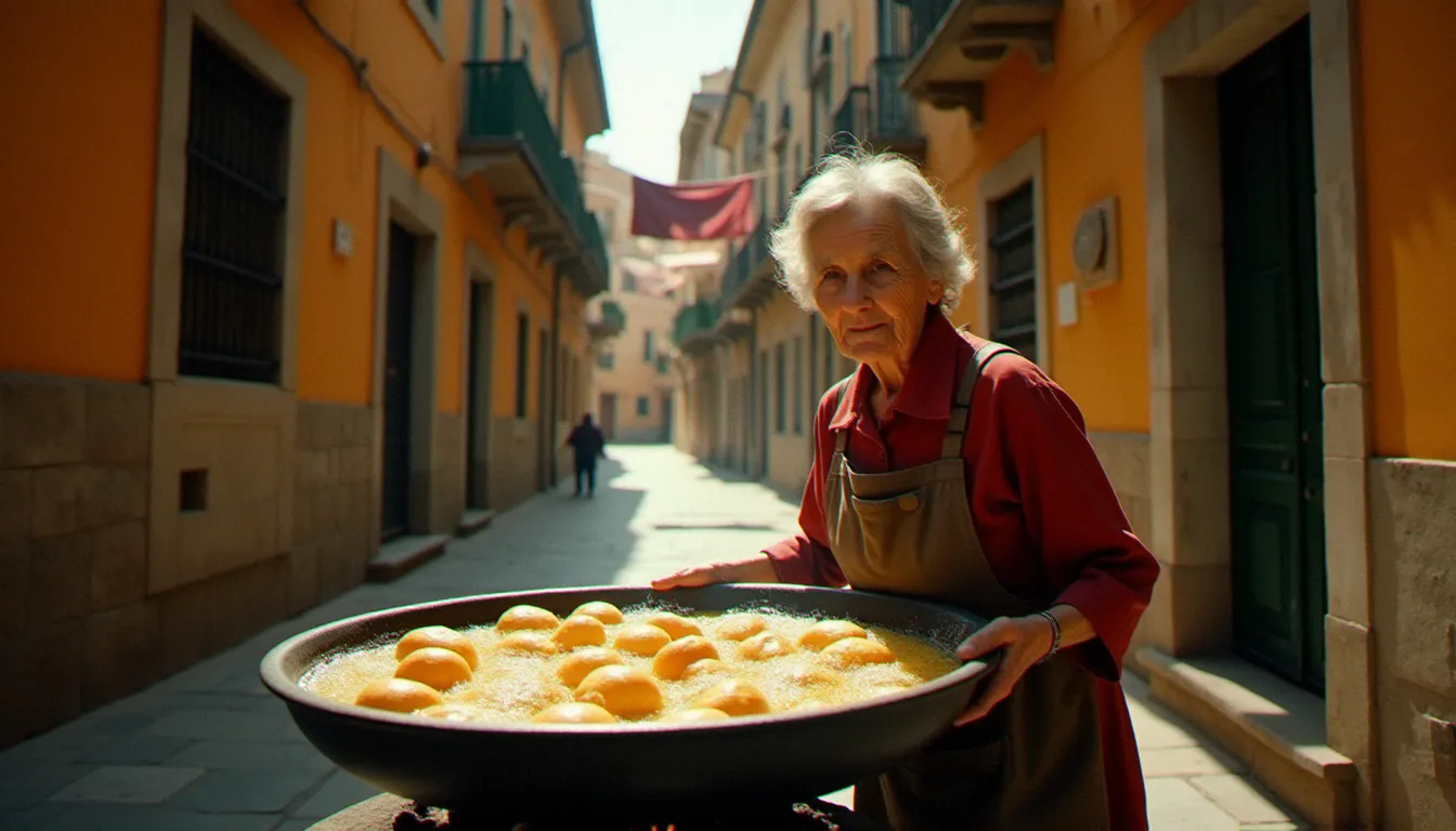 Marchande ambulante de fritta napolitaine dans les ruelles de Naples avec sa bassine d'huile bouillante, scène de rue historique évoquant les origines populaires de la pizza fritta