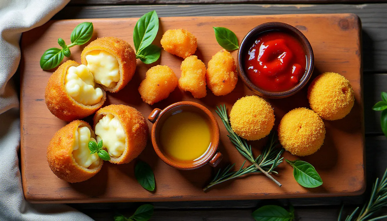 Assortiment de fritte italiennes régionales sur plateau en terre cuite — supplì romain filant, gnocco fritto émilien soufflé et arancini sicilien doré, illustration de la richesse et diversité de la fritta en Italie
