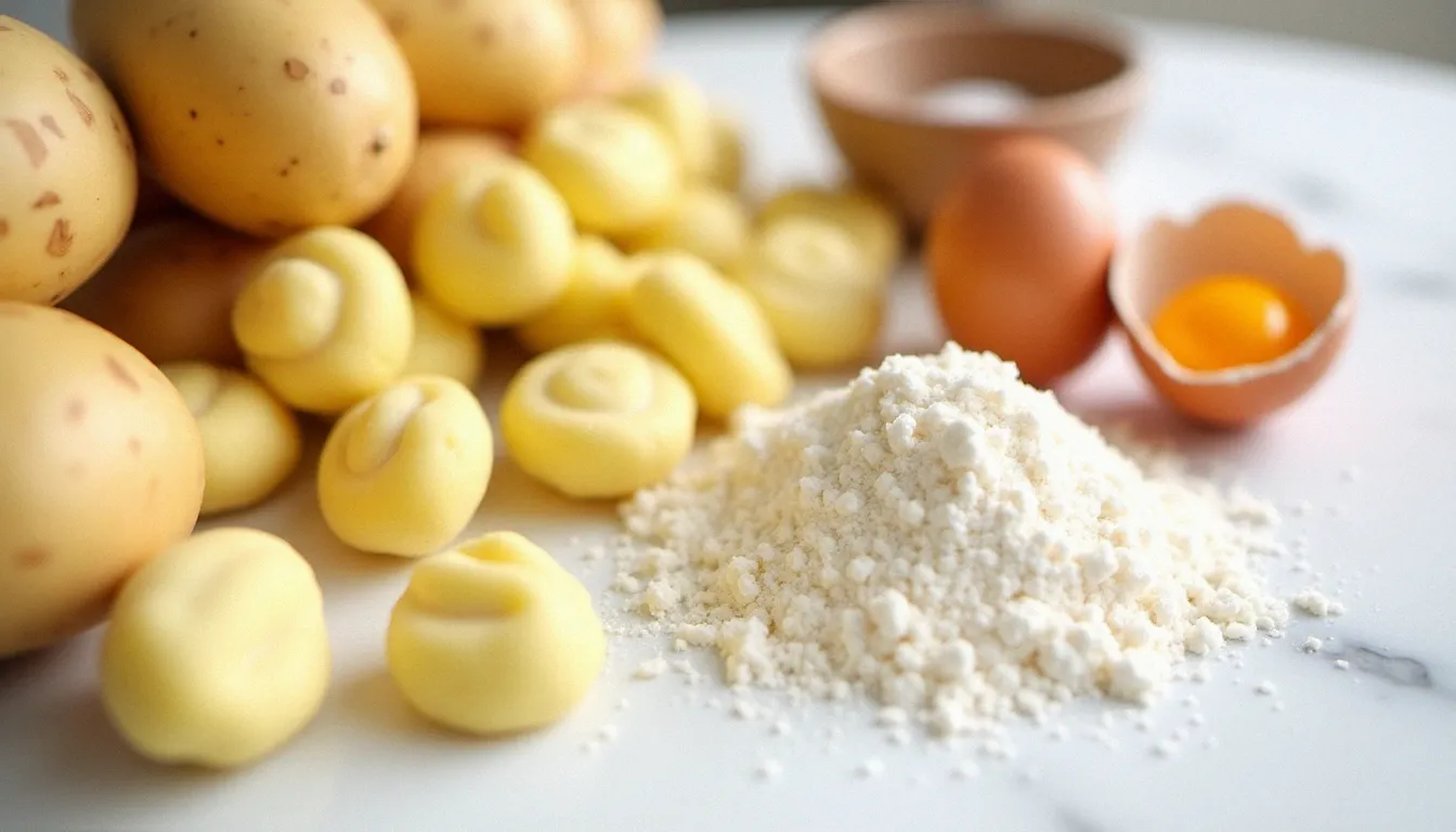 Ingrédients pour la recette de gnocchi maison — pommes de terre Bintje entières, farine 00, œuf frais et sel disposés sur un plan de travail en marbre blanc