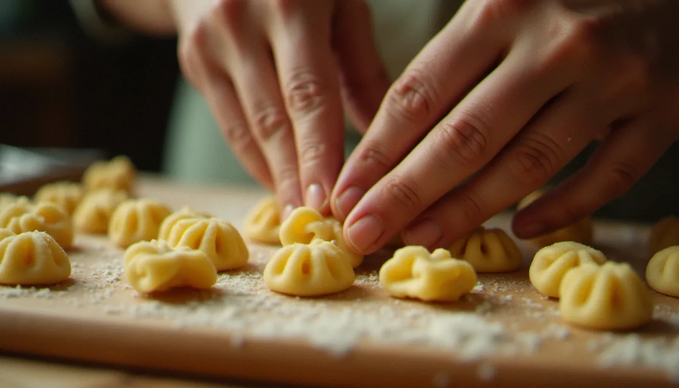 Mains expérimentées façonnant des gnocchi maison sur une planche en bois rainurée traditionnelle, montrant la texture caractéristique des stries qui retiennent la sauce