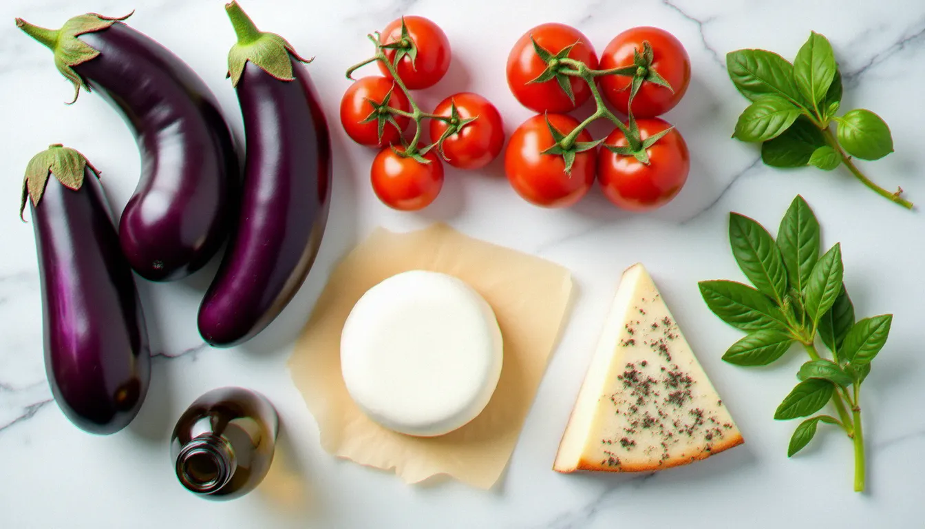 Vue aérienne des ingrédients frais pour la parmigiana aubergine disposés sur marbre : aubergines violettes entières, tomates San Marzano, mozzarella fior di latte et parmesan affiné
