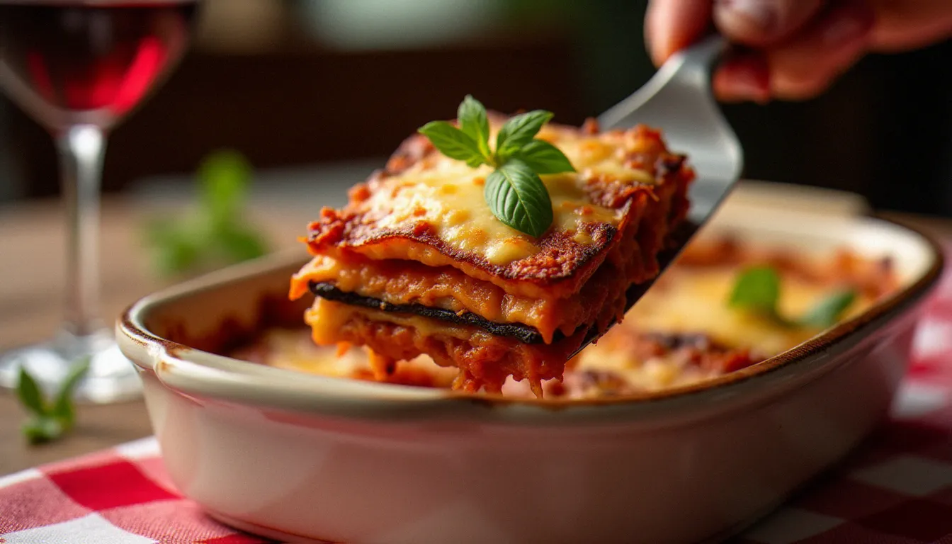 Tranche généreuse de parmigiana aubergine soulevée à la spatule depuis un plat en céramique, révélant ses couches dorées d'aubergine fondante et de fromage filant