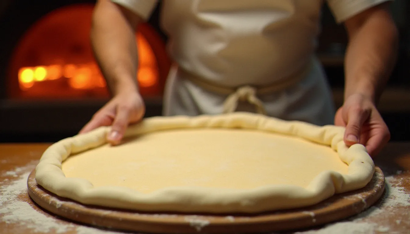Pizzaiolo napolitain en tablier blanc étalant à la main une pasta a pizza sur une pelle en bois devant un four à bois rougeoyant