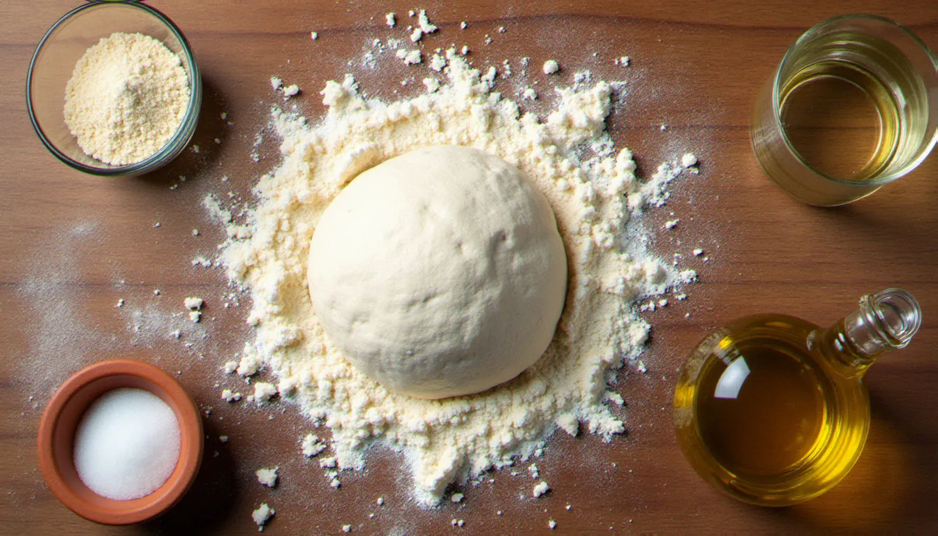 Vue de dessus des ingrédients pour pasta a pizza disposés sur une table en bois rustique : farine type 00, levure fraîche, sel de mer, eau et huile d'olive