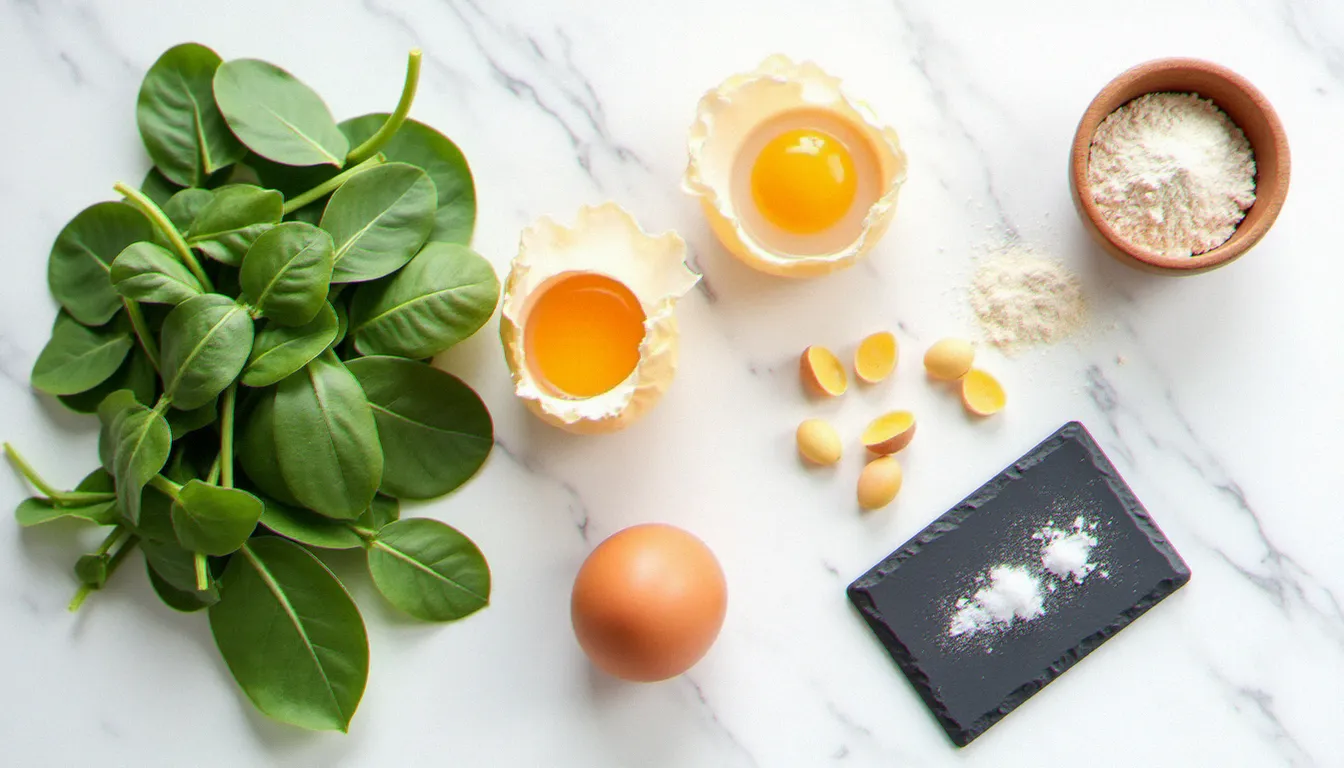 Ingrédients pour pâte aux épinards vus de dessus sur marbre blanc : épinards frais, œufs à jaune orangé, farine 00 italienne et muscade
