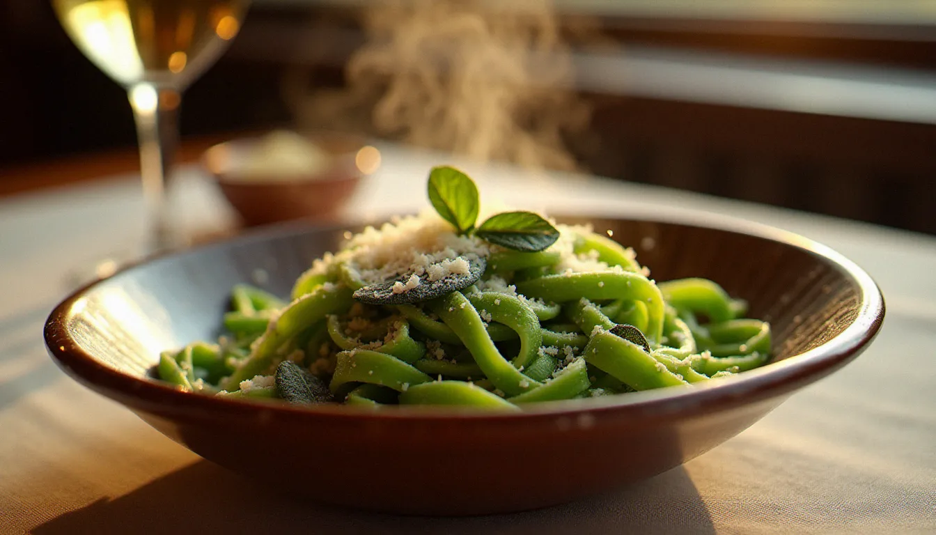 Bol de tagliatelles aux épinards au beurre noisette et sauge croustillante, généreusement parmesan râpé, servies dans une ambiance chaleureuse de trattoria italienne