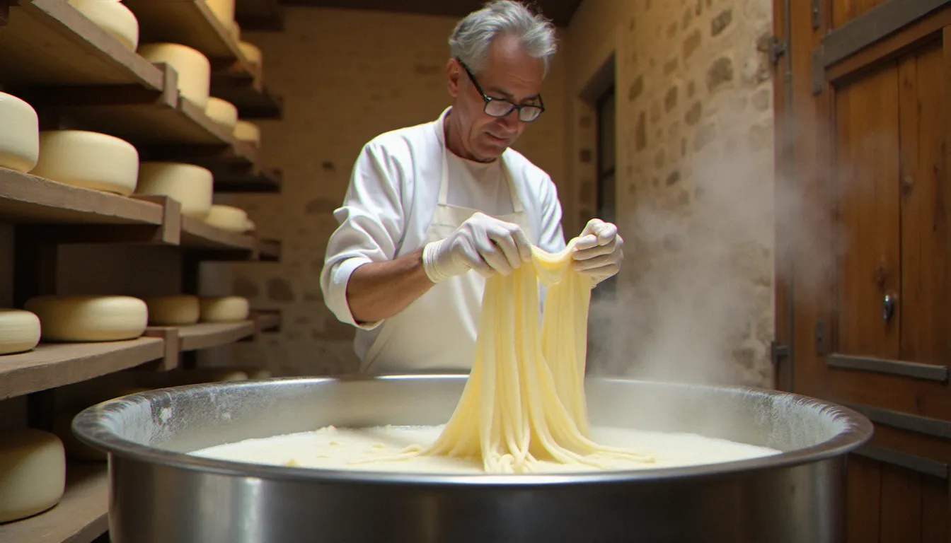 Fromager artisanal des Pouilles étirant à la main la pâte filée chaude au-dessus d'un bac en inox, fabrication traditionnelle de la pâte burrata dans un atelier rustique