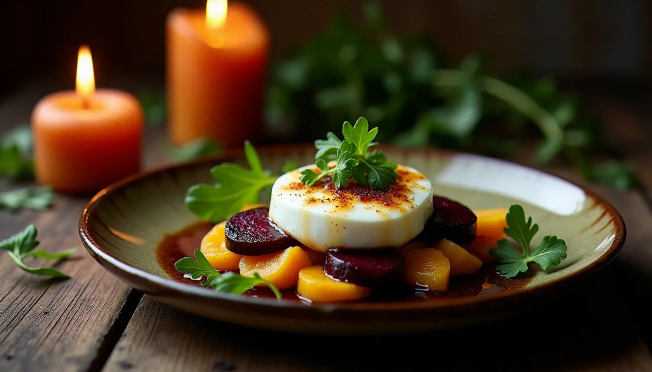 Pâte burrata crémeuse posée sur des betteraves chioggia rôties avec filet de balsamique vieilli et roquette sauvage, présentation rustique sur assiette en céramique italienne