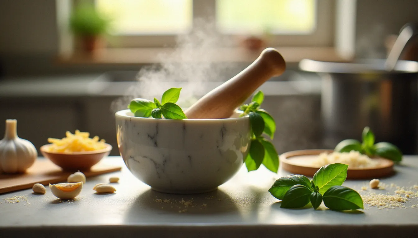 Mortier en marbre et ses ingrédients pour préparer du pesto maison : feuilles de basilic frais, gousses d'ail, pignons de pin et parmesan râpé sur un plan de travail en pierre