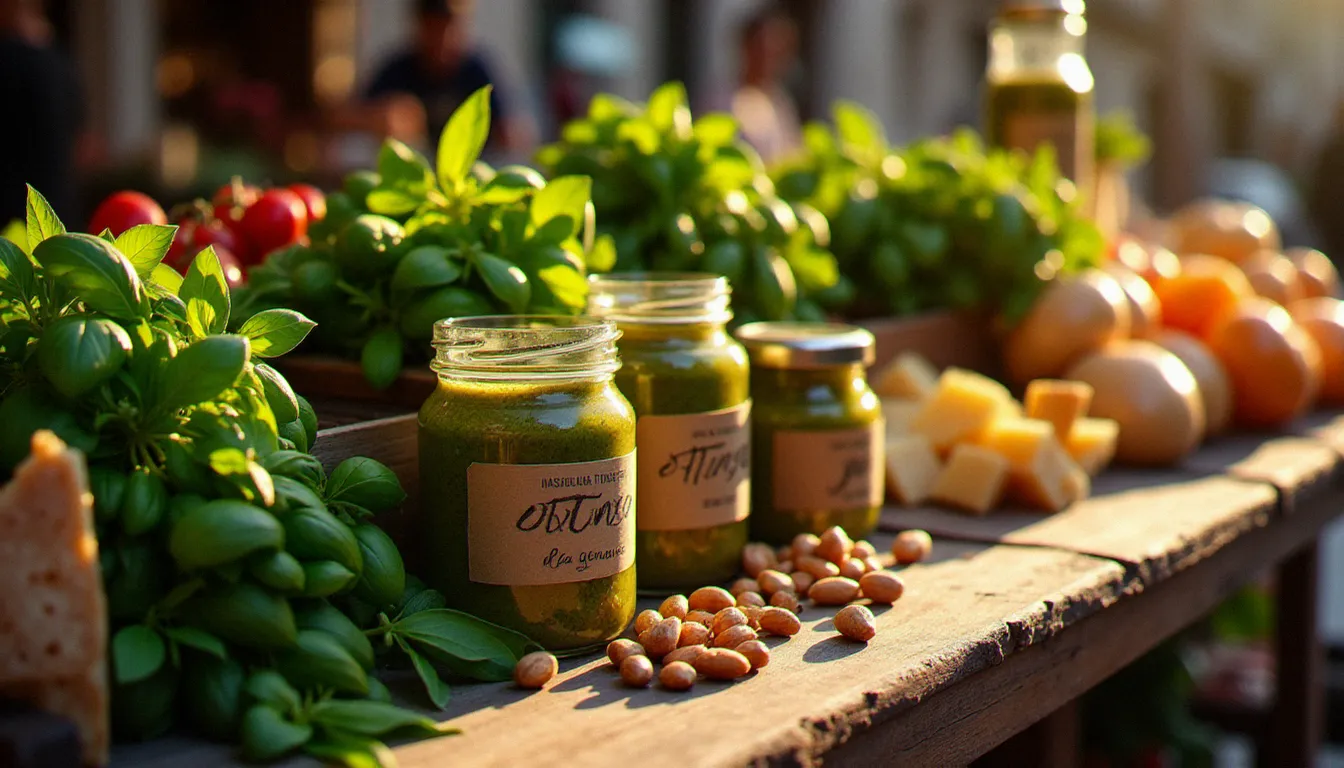 Étal de marché génois avec des bocaux de pesto artisanal alla genovese, du basilic ligure frais et des ingrédients traditionnels présentés en lumière dorée