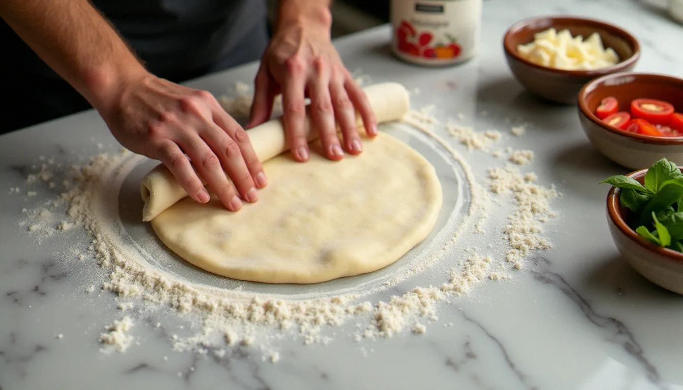 Mains de cuisinière étalant une pâte à pizza calzone sur plan de travail en marbre fariné, avec garniture traditionnelle napolitaine disposée dans des bols en céramique autour