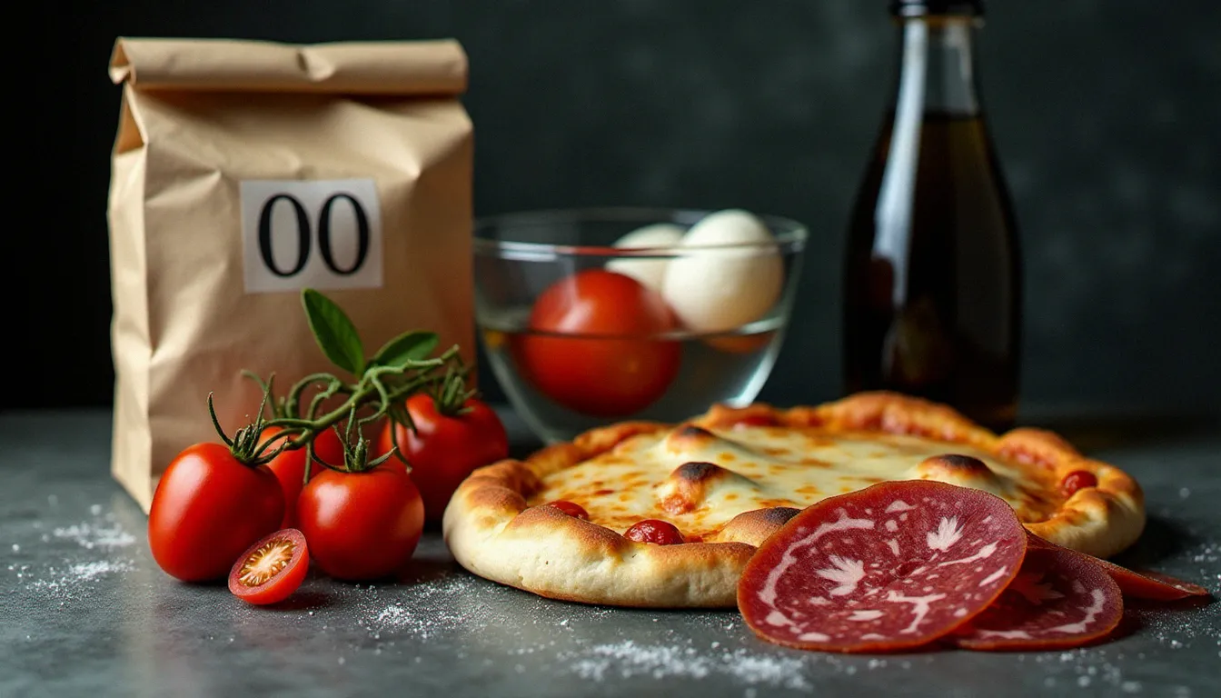 Sélection d'ingrédients italiens authentiques pour pizza calzone — farine tipo 00 Caputo, tomates San Marzano DOP, mozzarella fior di latte dans l'eau et huile d'olive extra-vierge sicilienne sur surface en pierre