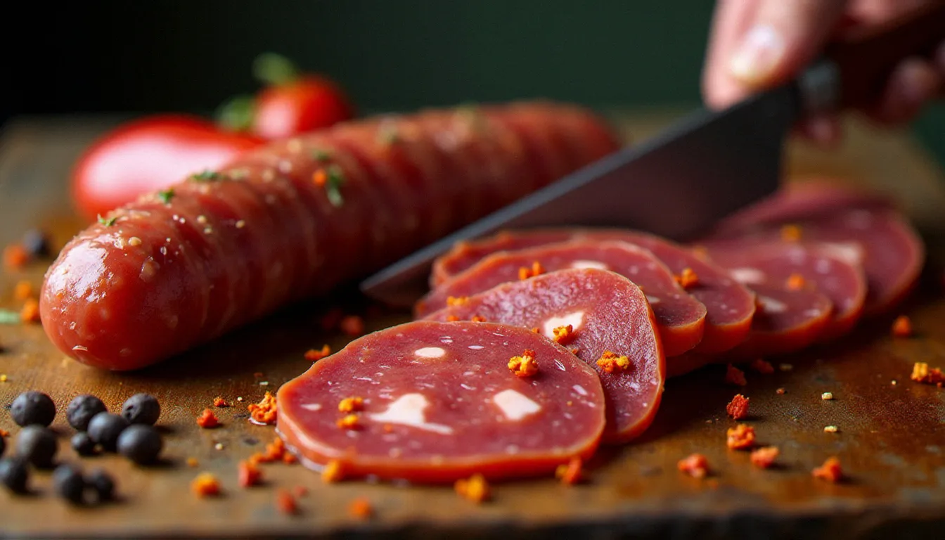 Tranches fines de pepperoni artisanal découpées à la main sur une planche de bois avec des épices autour, révélant la texture marbrée et la couleur rouge-orangée caractéristique