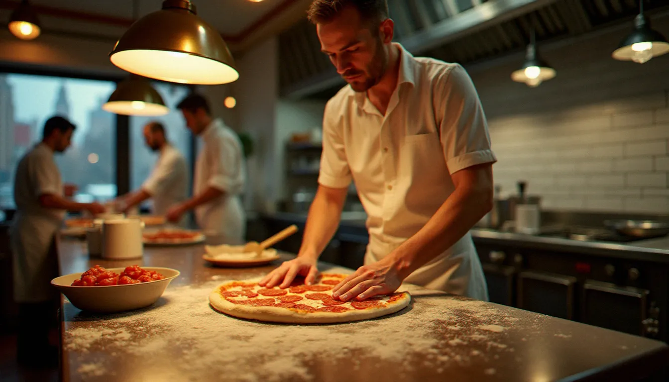Pizzaïolo en tablier blanc étirant une pâte à pizza à la main dans une cuisine de pizzeria italo-américaine des années 1950, avec du pepperoni tranché et de la sauce tomate prêts sur le comptoir