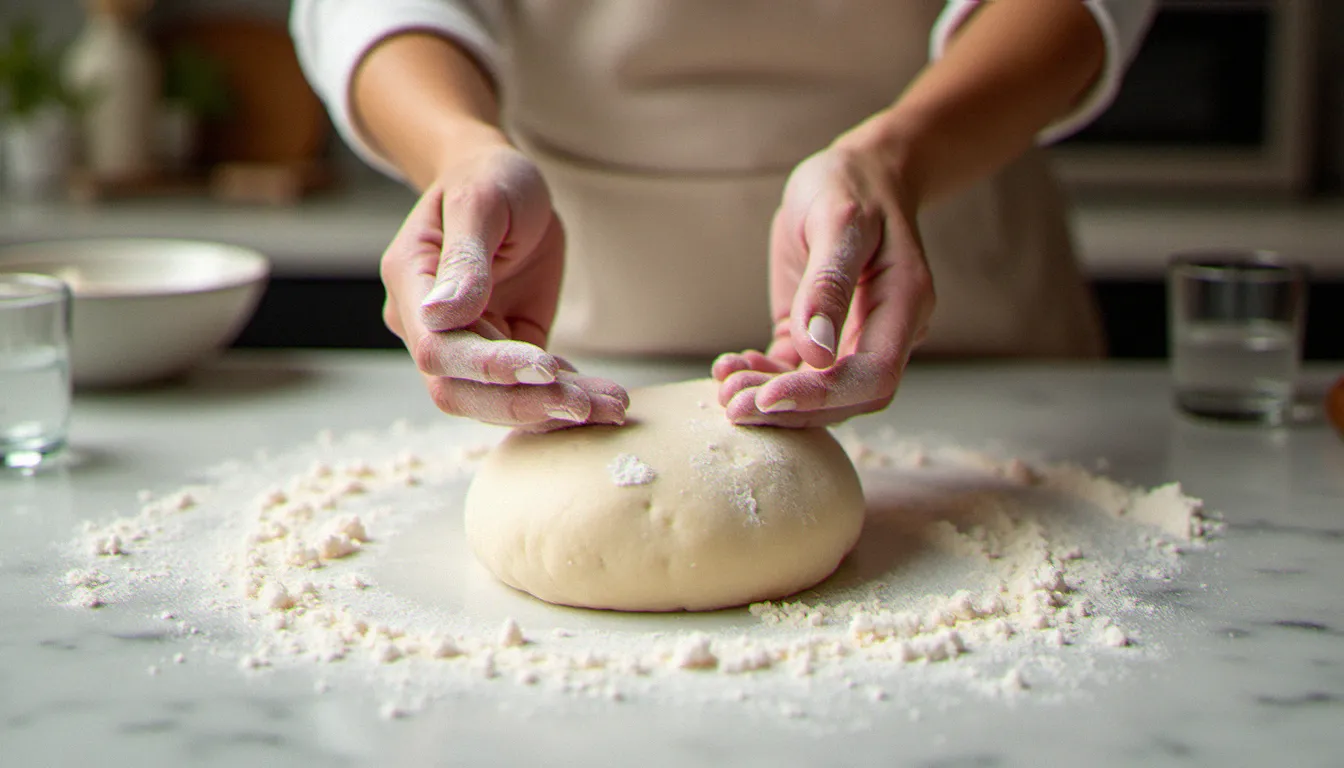 Des mains féminines farinées en train d'étaler une pâte à pizzetta sur un plan de travail en marbre, avec de la farine tipo 00 en arrière-plan