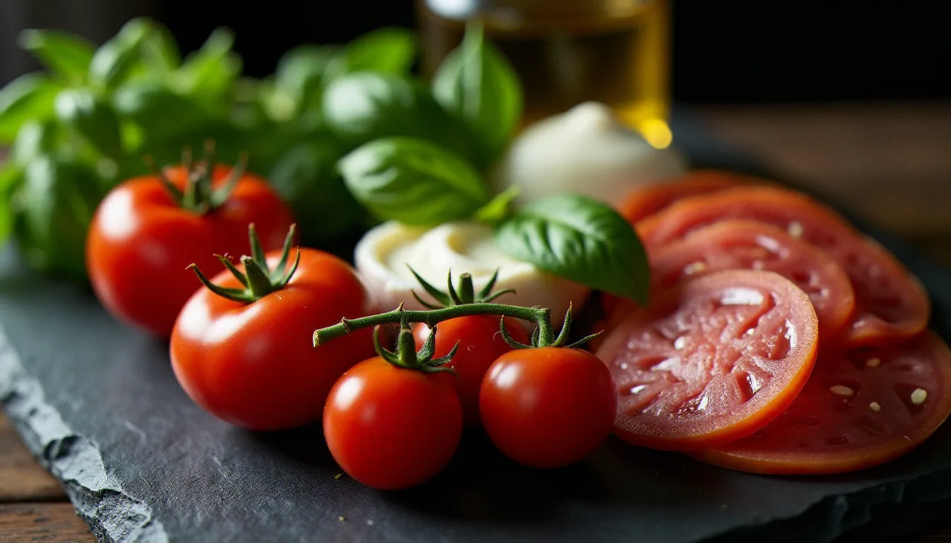 Assortiment d'ingrédients italiens pour garnir des pizzettas disposés sur une ardoise sombre : tomates San Marzano, burrata, mortadelle et herbes fraîches