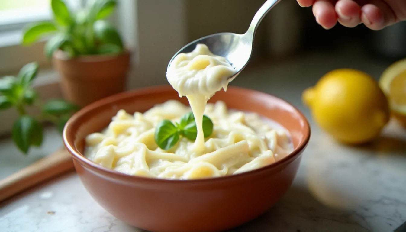 Mains préparant une sauce ricotta à la fourchette dans un bol en terre cuite avec ajout d'eau de cuisson des pâtes et citron