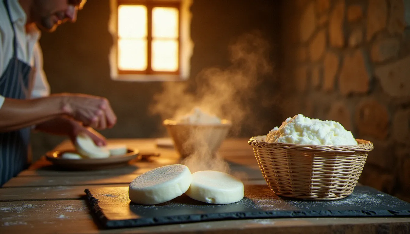 Fromager artisan pressant des ricottas fraîches dans des moules en osier dans une fromagerie traditionnelle italienne