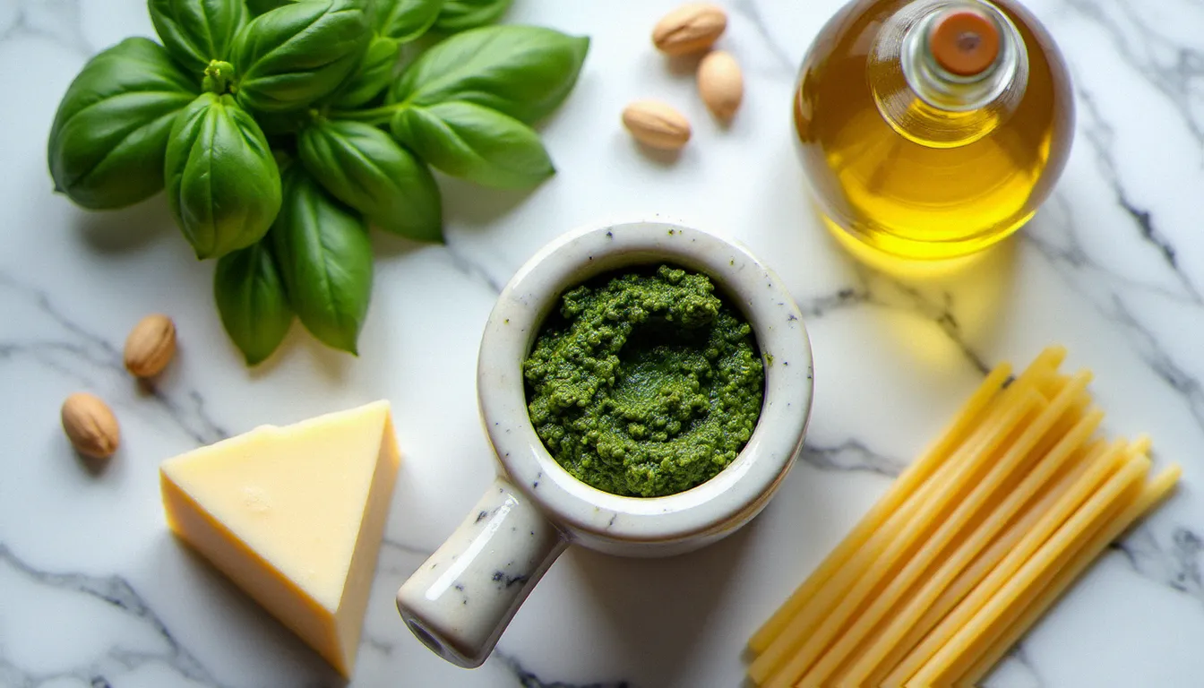 Ingrédients du pesto génois disposés sur un plan de travail en marbre blanc : basilic frais, mortier, pignons, parmesan et huile d'olive