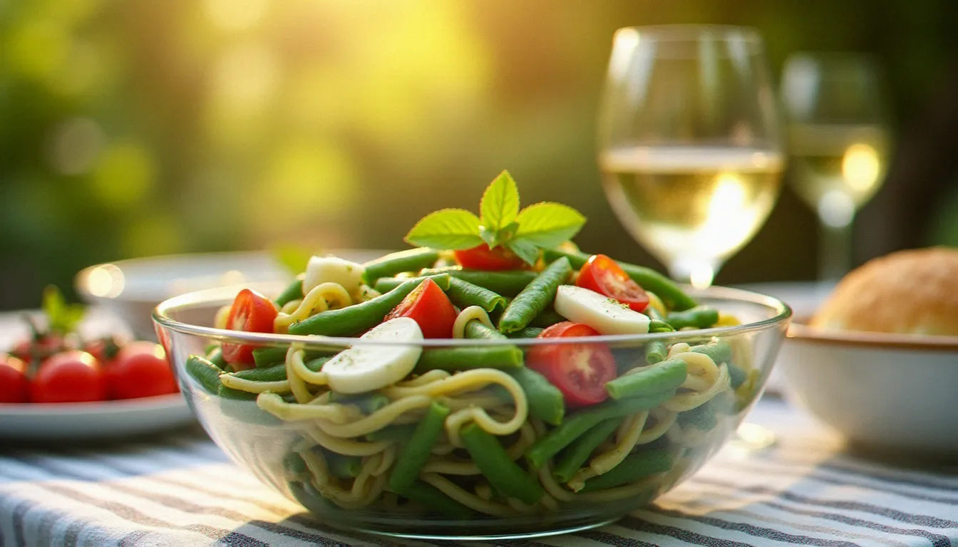 Salade de pâtes pesto servie dans un grand saladier en verre avec haricots verts et mozzarella lors d'un repas estival en extérieur