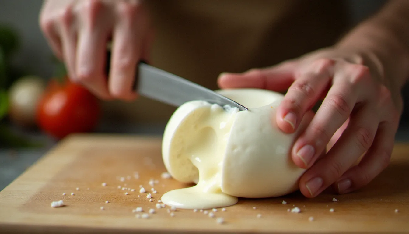 Gros plan sur la découpe d'une boule de mozzarella di bufala fraîche sur une planche en bois, le lactosérum s'écoulant de la pâte filée