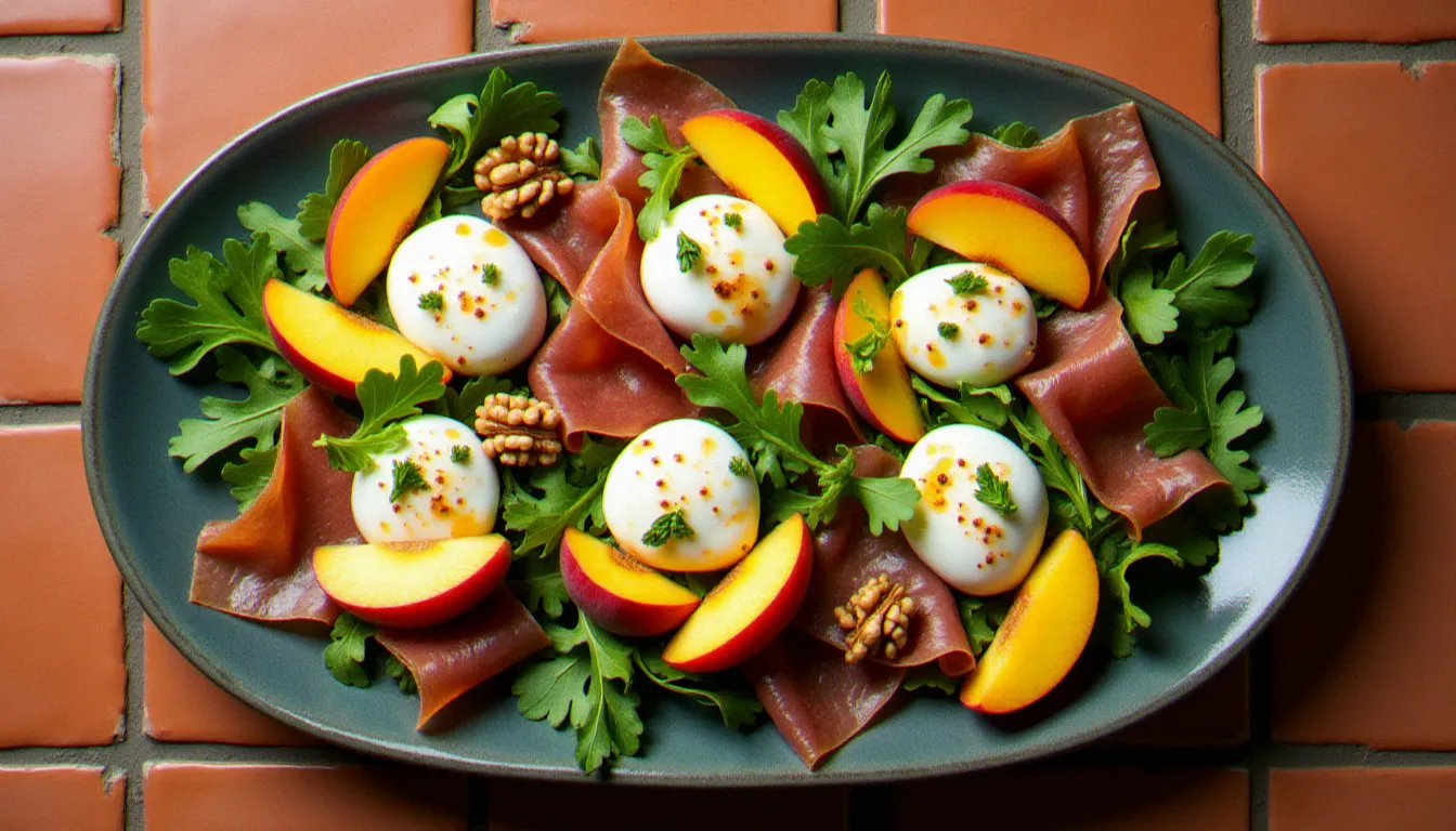 Vue du dessus d'une salade mozzarella créative aux pêches, prosciutto et burrata sur un grand plat de service en céramique blanche