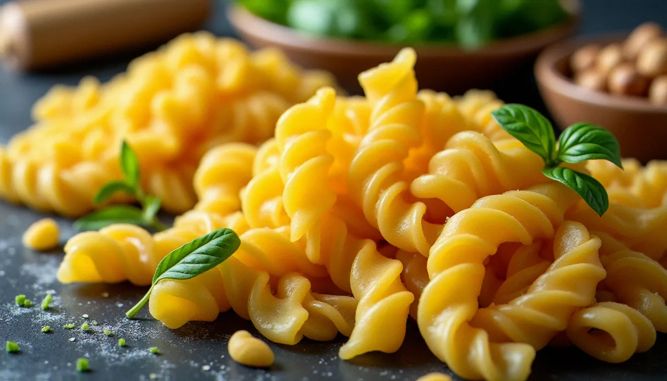 Différentes formes de pâtes courtes, fusilli et trofie, disposées sur ardoise avec basilic frais et pignons de pin pour une salade pâte pesto