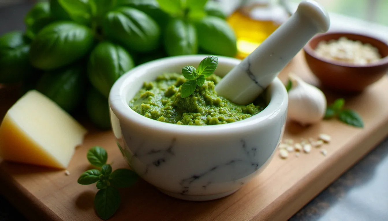 Mortier en marbre avec pesto vert vif maison entouré des ingrédients du pesto alla genovese : basilic frais, parmesan, pignons et huile d'olive ligurienne