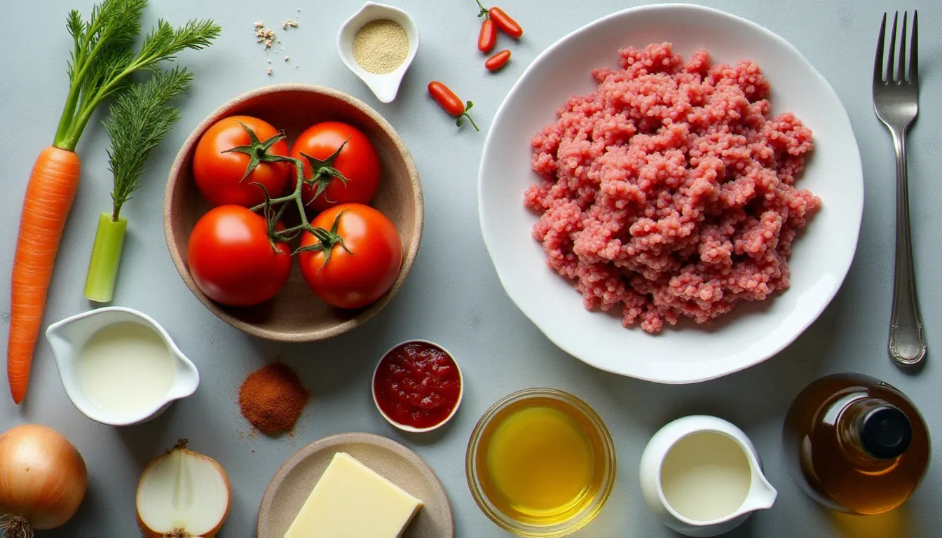 Ingrédients disposés en flat lay sur marbre pour préparer une sauce bolognaise recette traditionnelle : viande hachée mixte, tomates San Marzano DOP, double concentré artisanal, légumes du soffritto et vin blanc sec