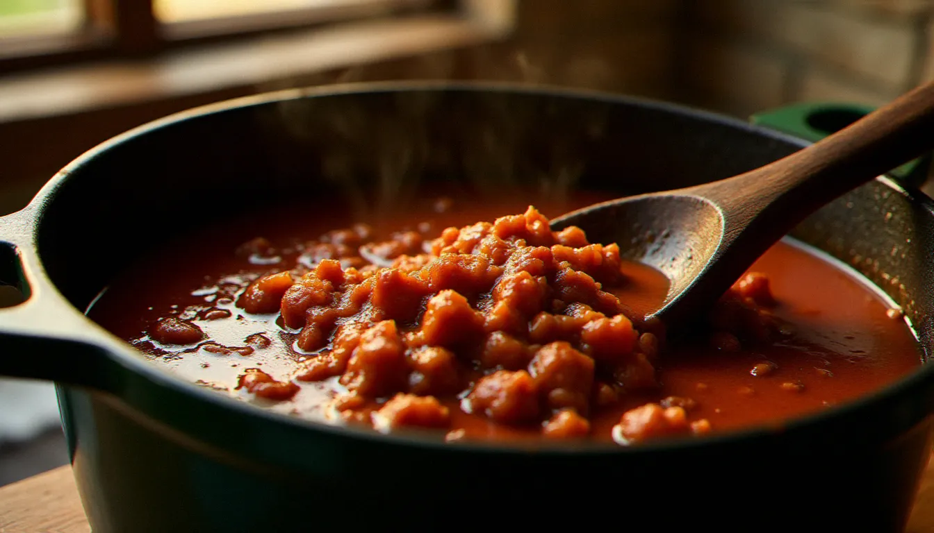 Gros plan sur une sauce bolognaise recette après trois heures de cuisson lente dans une cocotte en fonte, avec sa couleur brun profond caractéristique et les graisses remontant à la surface en signe de parfaite cuisson