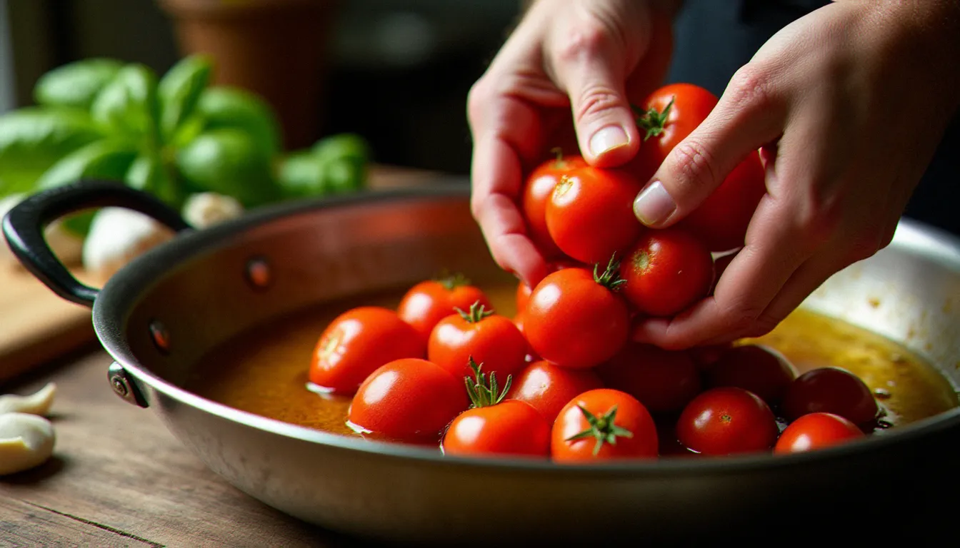 Des mains expérimentées qui écrasent à la main des tomates San Marzano pelées dans une sauteuse à l'huile d'olive chaude, préparation traditionnelle de la sauce napolitaine