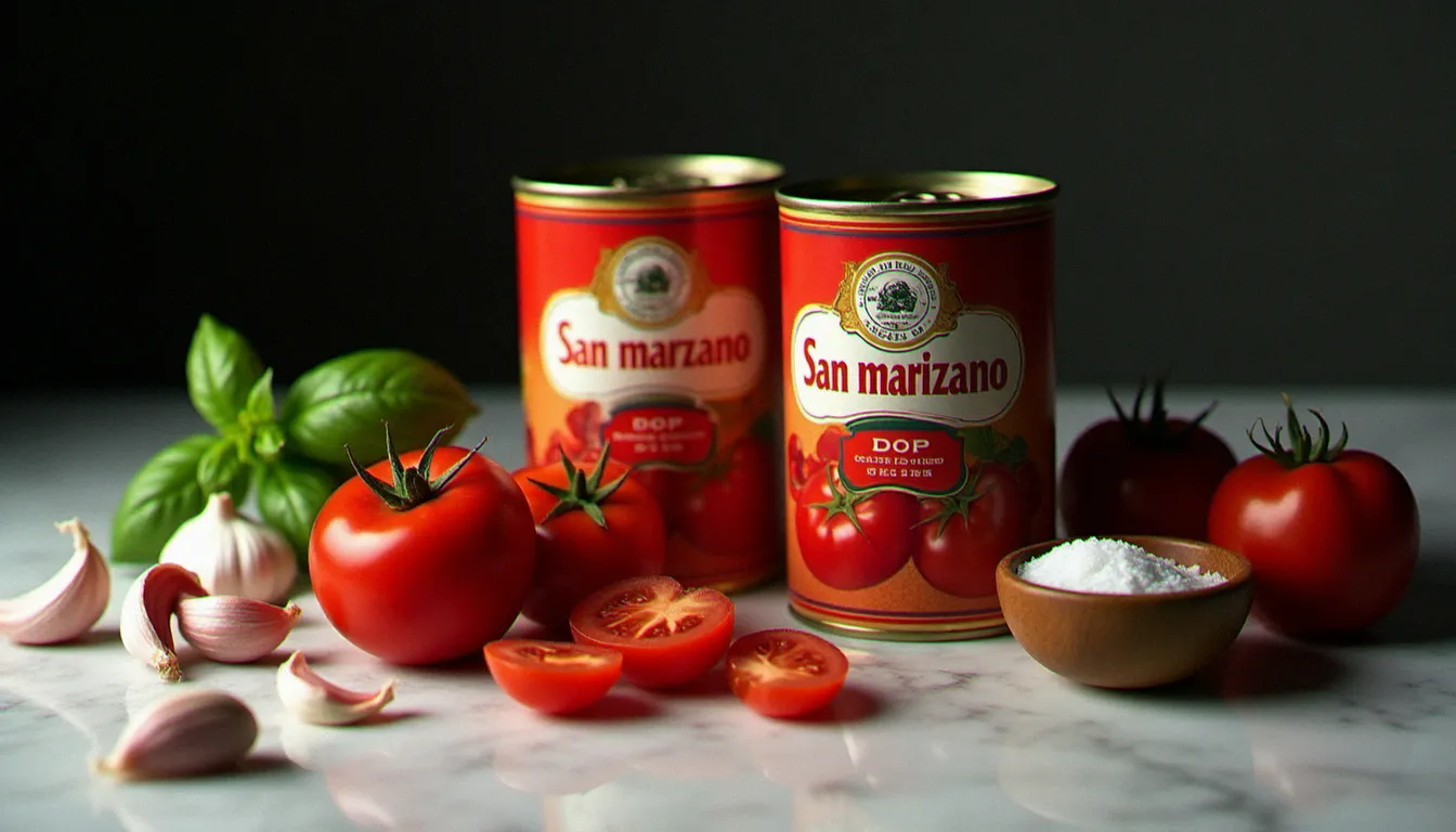 Conserves de tomates San Marzano DOP ouvertes avec des tomates entières pelées et brillantes disposées sur un plan de travail en marbre blanc, accompagnées d'ail, de basilic et de sel pour préparer une sauce napolitaine authentique