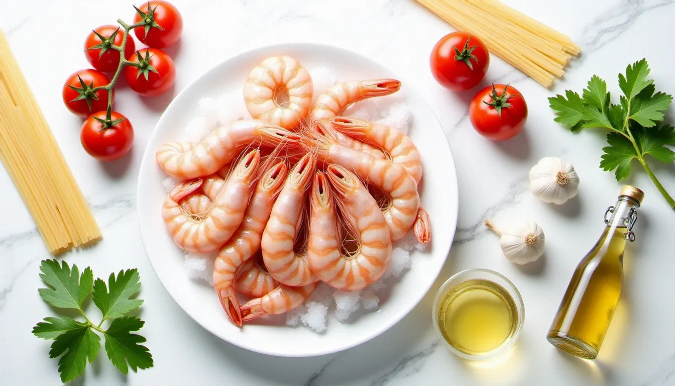 Ingrédients pour spaghetti crevette disposés à plat sur marbre blanc : crevettes crues, tomates San Marzano, ail frais, persil plat, spaghetti secs et huile d'olive italienne
