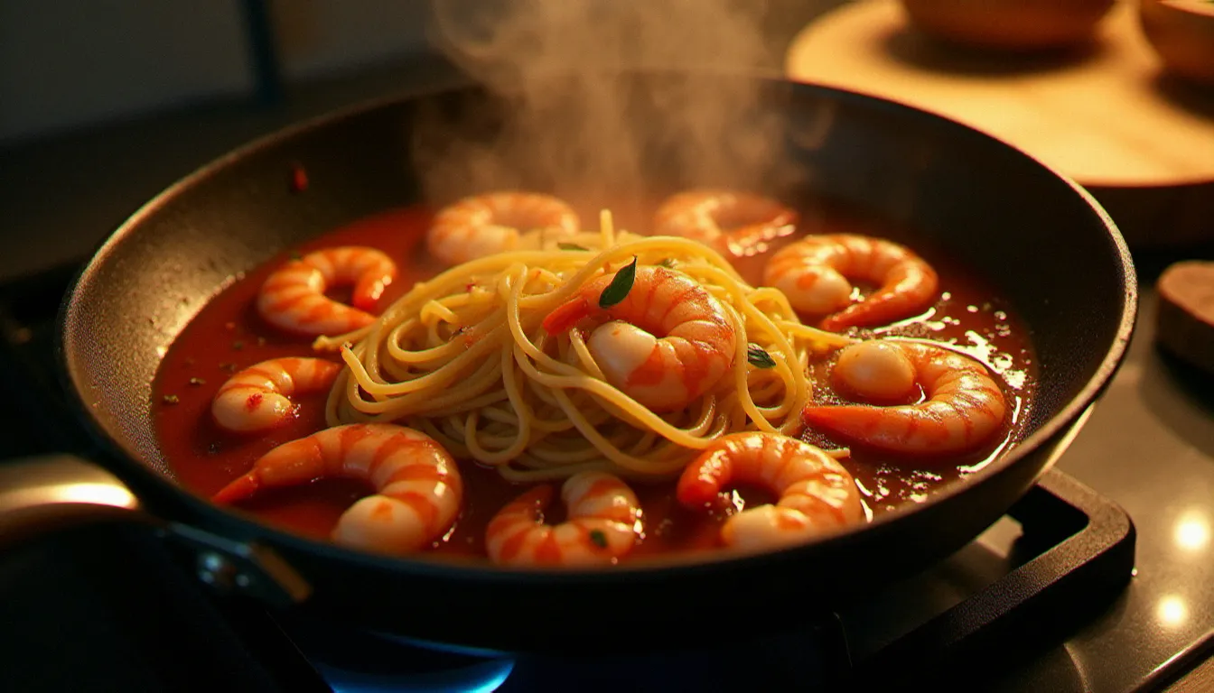 Spaghetti crevette en train d'être mélangés dans une grande poêle sur feu vif, vapeur visible, sauce tomate aux crevettes roses et à l'ail brillants dans une cuisine italienne traditionnelle