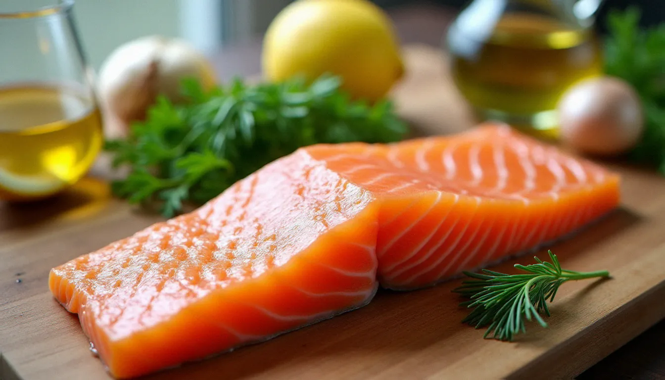 Filet de saumon frais entier posé sur une planche en bois entouré d'aneth, d'échalotes et d'huile d'olive pour préparer des tagliatelles au saumon frais