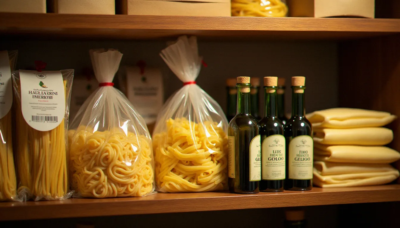 Étagère d'épicerie italienne fine avec des tagliatelles artisanales, de l'huile d'olive ligure et un vin blanc Pinot Grigio pour sublimer les tagliatelles au saumon frais