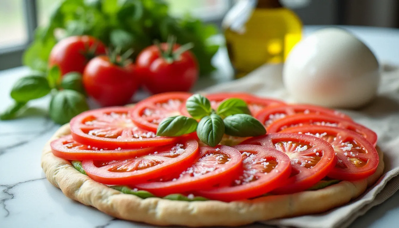 Ingrédients pour une tarte mozzarella tomate : mozzarella di Bufala coupée révélant son intérieur crémeux, tomates San Marzano égouttées sur lin et basilic frais sur marbre blanc