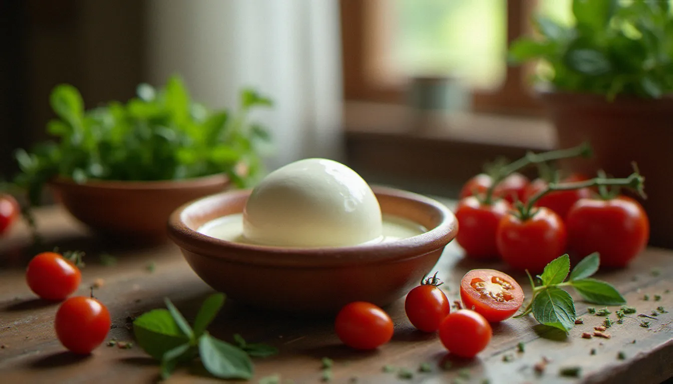 Mozzarella di Bufala Campana DOP entière dans sa saumure, posée dans un bol en céramique rustique sur une table de ferme italienne baignée de lumière tamisée