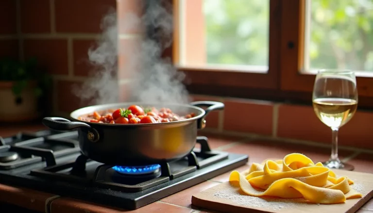 Sauce italienne à la Francesca mijotant dans une casserole en fonte, avec des tagliatelles fraîches maison sur une planche en bois, lumière naturelle de cuisine rustique