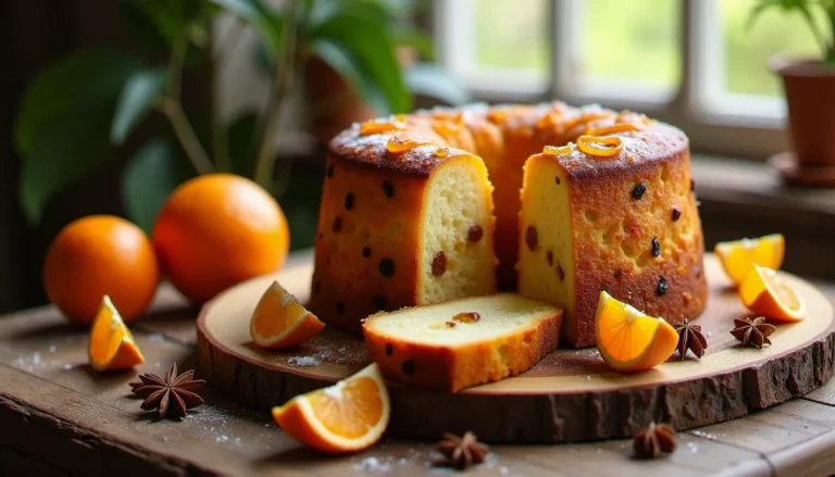 Panettone italien artisanal entier et tranché sur une table en bois, révélant une mie filante avec des raisins secs et des écorces d'oranges confites