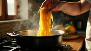 Main testant la cuisson al dente d'un spaghetti entre les doigts au-dessus d'une casserole d'eau bouillante
