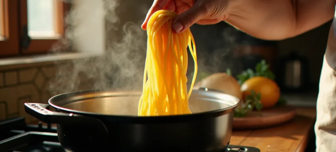Main testant la cuisson al dente d'un spaghetti entre les doigts au-dessus d'une casserole d'eau bouillante