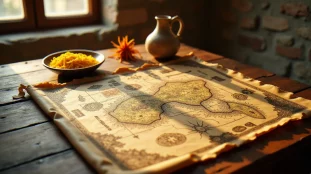 Reproduction d'une carte médiévale de style Al Idrissi posée sur une table en bois sicilienne, accompagnée d'un bol de pasta sèche et de safran
