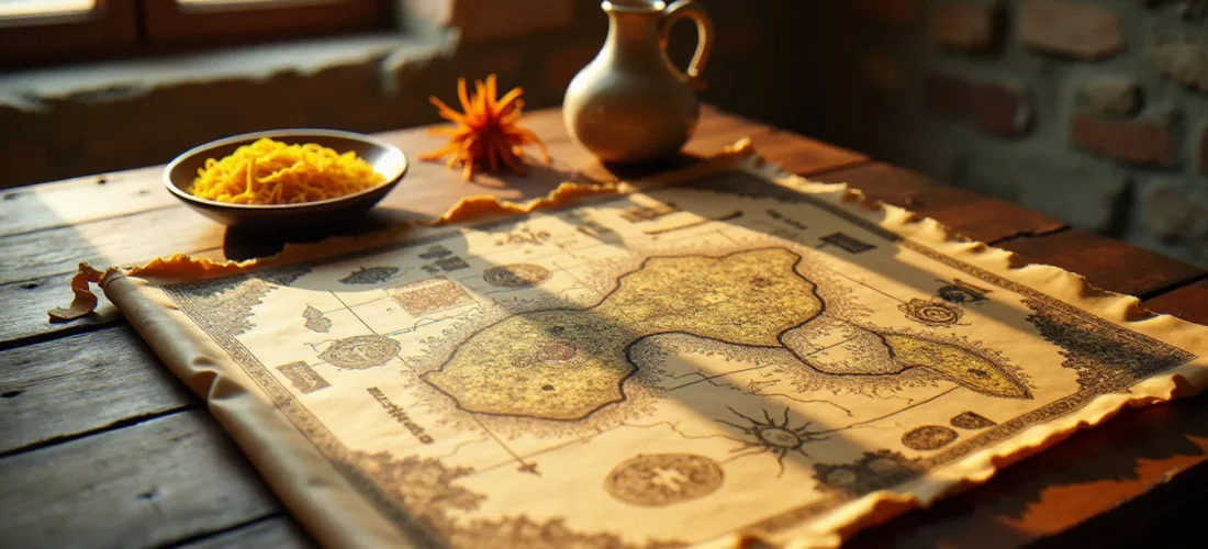 Reproduction d'une carte médiévale de style Al Idrissi posée sur une table en bois sicilienne, accompagnée d'un bol de pasta sèche et de safran