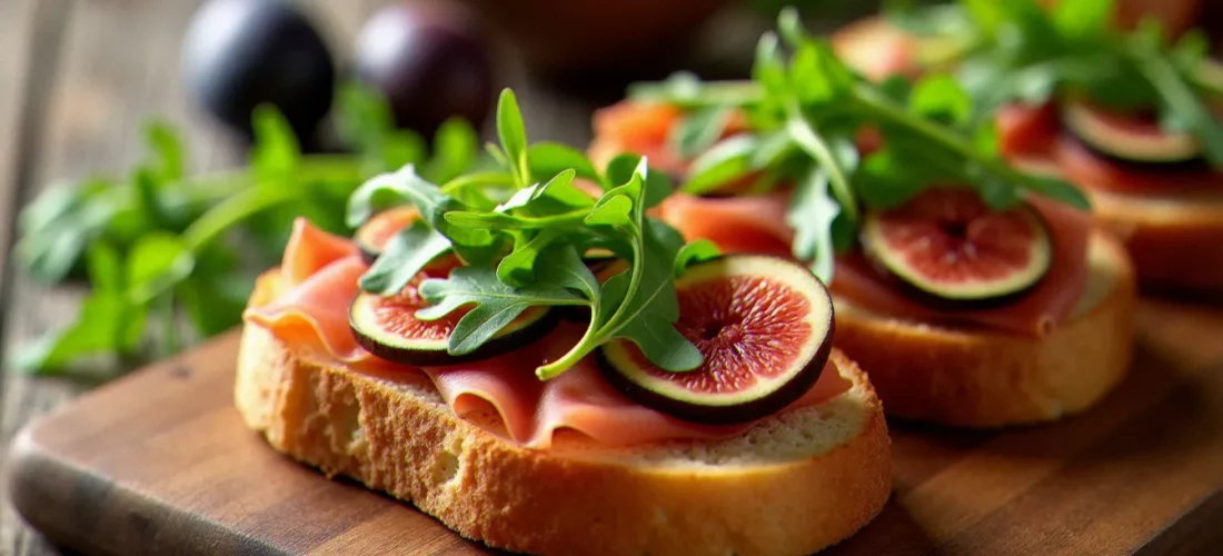 Bruschettas garnies de jambon cru prosciutto, roquette et figues fraîches présentées sur une planche en bois