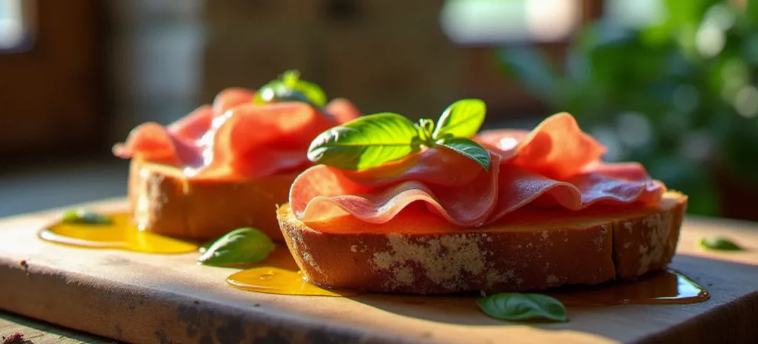 Bruschetta jambon sur planche en bois rustique, garnies de prosciutto di Parma et arrosées d'huile d'olive extra vierge dans une lumière matinale toscane